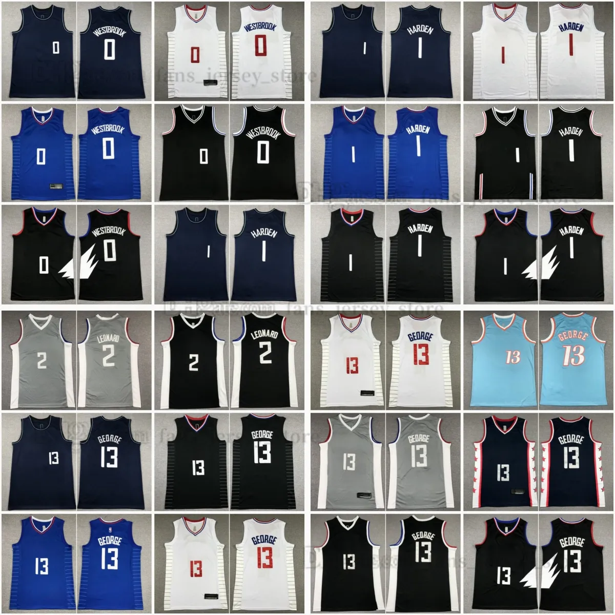 2023-24 New City Basketball Jerseys 0 Russell 2 Kawhi Westbrook Leonard 1 James 13 Paul Harde n George White Blue Stitched Jersey Men