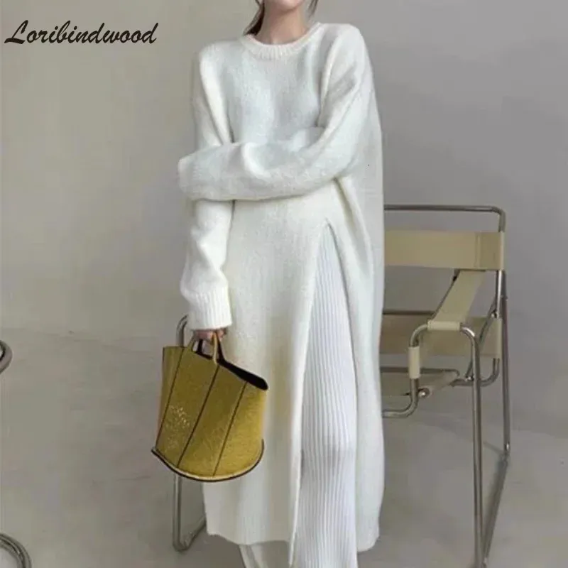 Outono inverno estilo solto e preguiçoso cobertura lateral fenda sobre o joelho longo vestido de malha camisola feminina 231229