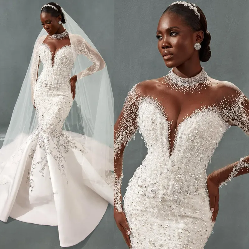 Últimos vestidos de casamento Aso Ebi Sheer Neck Illusion mangas compridas Tulle Lace Vestidos de noiva para Africano Árabe Nigéria Mulheres Negras Noiva Sereia Vestido de Casamento D099