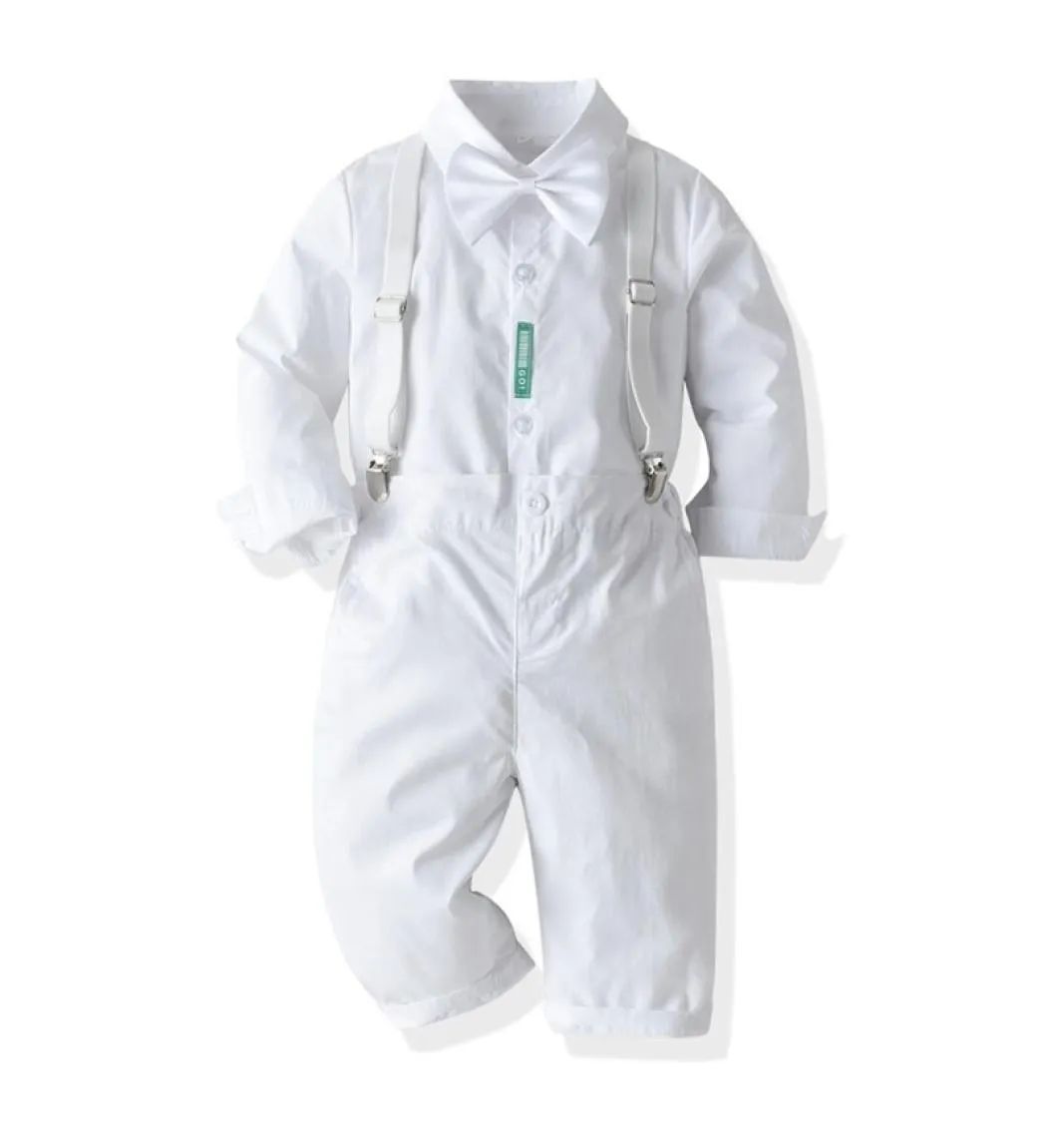 白い幼児の男の子スーツ紳士服バプテスマドレスシャツビブパンツソリッドパーティーウェディングハンサムキッド服2108232400573