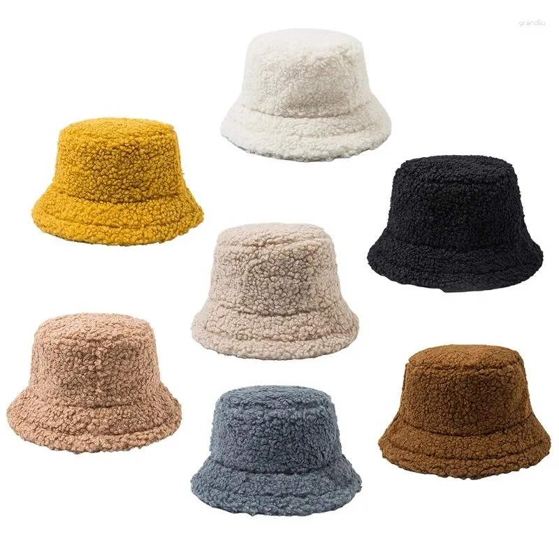 Bérets femmes étudiant épaissir peluche peluche seau chapeau couleur unie décontracté hiver plus chaud rond plat haut large bord crème solaire Panama