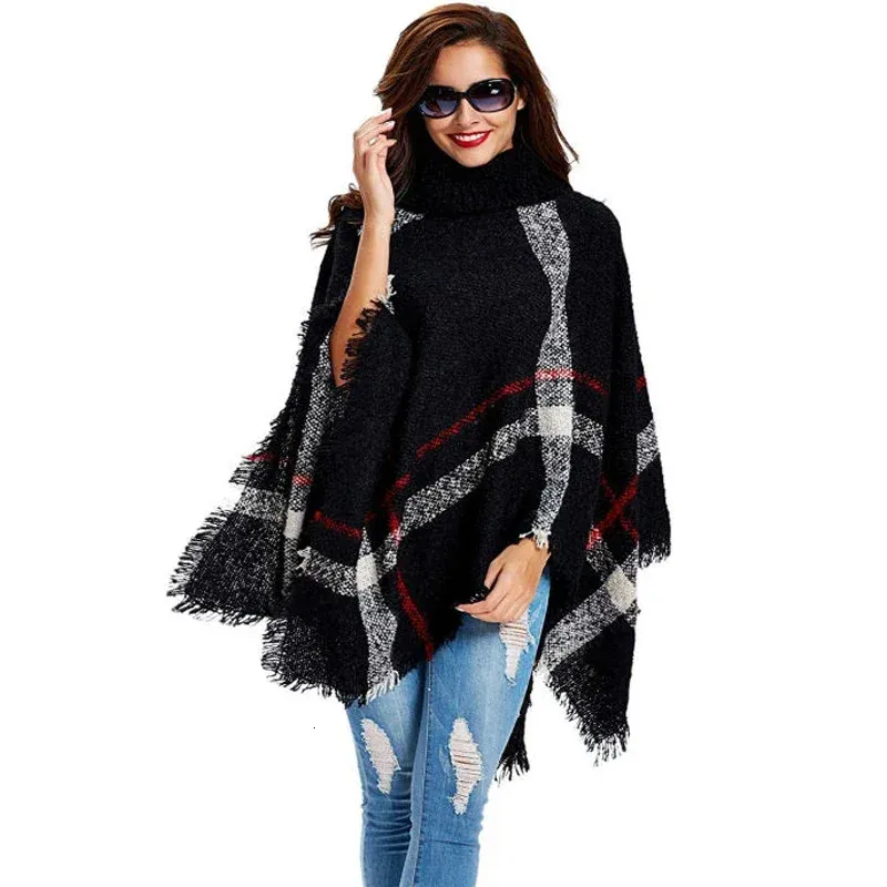 11 november Plus Size dames geruit vest coltrui Cape vleermuismouw gebreide poncho trui 231228