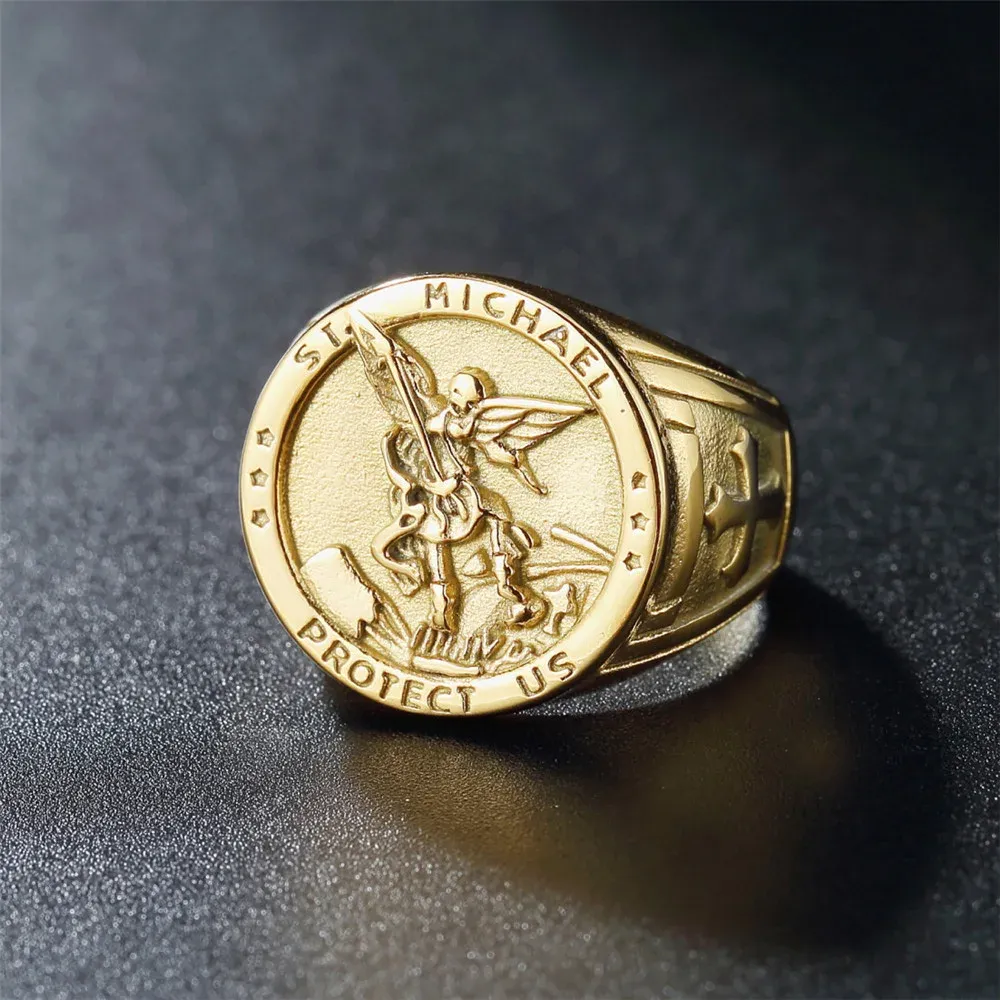 Bague Vintage ange catholique Michael pour hommes et femmes, Punk, or 14K, chevalier Saint Michael, anneaux de protection, amulette, bijoux cadeaux