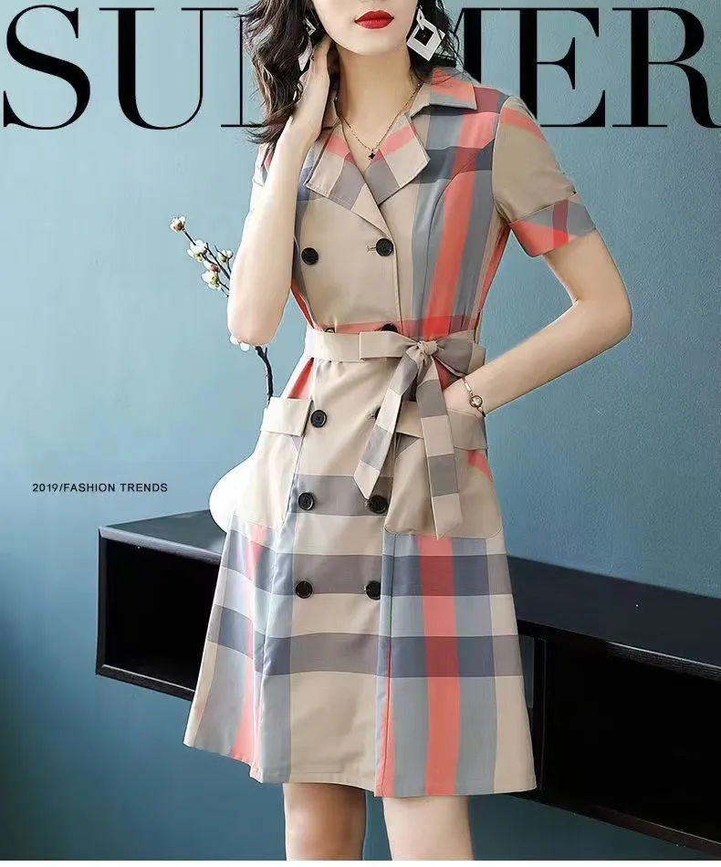 329 2023 New Fashion Checkered Shirt Skirt Slim and Loose OL Style Short Sleeve Dress Wome