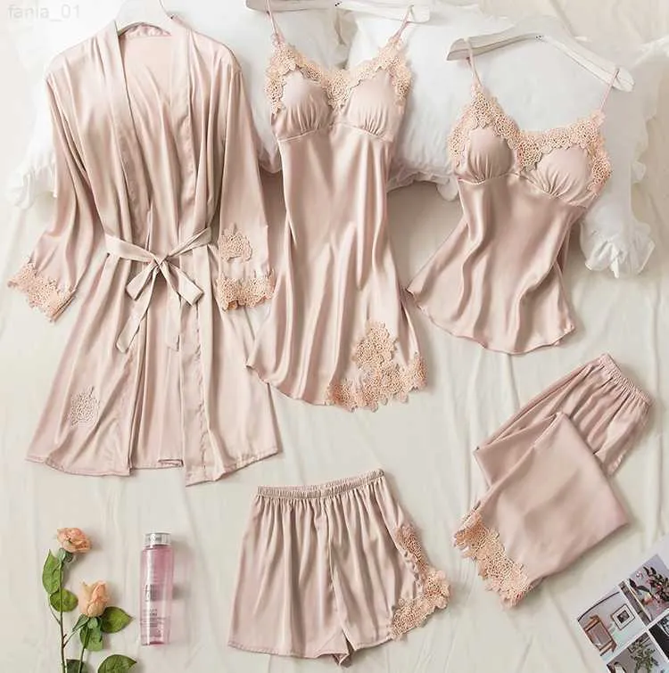 Pink Silk Robe Sleep Suit Womens Lace Satin Pajamas Gown Set V