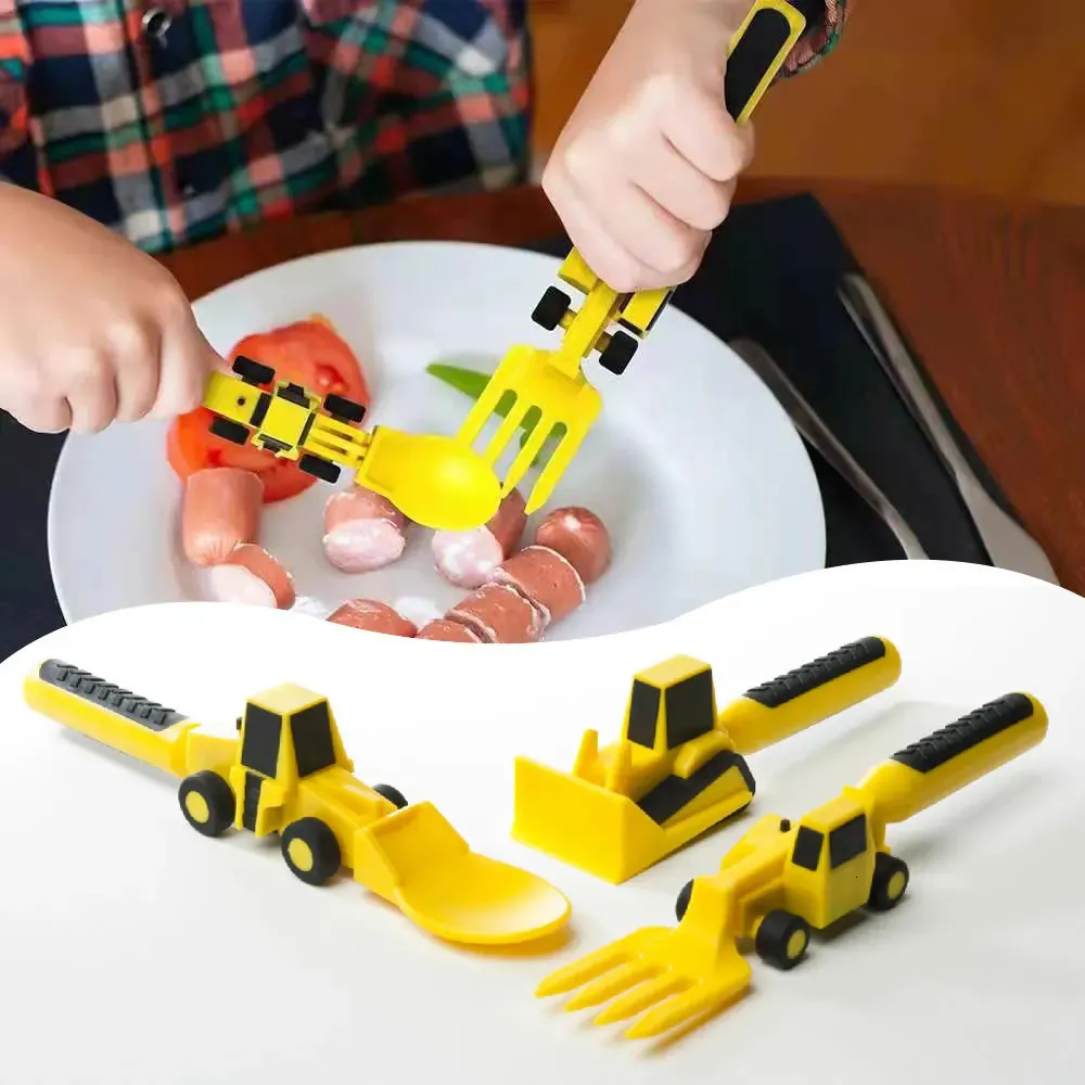 Dinneractive Children's Utensils Feeding Spoon and Fork Bulldozer Excavator Shovel Cutlery Set Kids Tableware Toddlers Infant Fo 231229