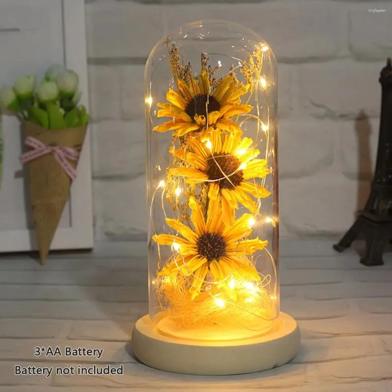Dekorative Blumen, künstliche Sonnenblume in Glaskuppel mit LED-Lichtleiste, verzauberte Lampe, romantische Jahrestagsgeschenke für Frauen