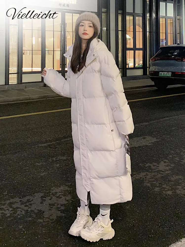 Vielleicht Solid Color Long Straight Winter Coat Casual Women Parkas Clothes Hooded Stylish Jacket Female Outerwear 231228