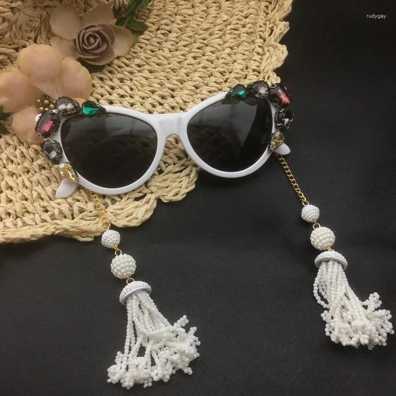 Óculos de sol moda barroca feminina marca cristal gemas longa borla pérola olho de gato para mulheres verão praia cinto decoração