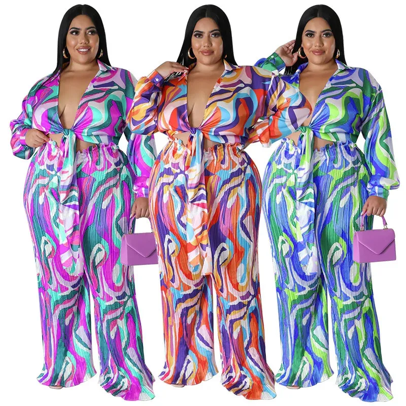 Autumn Colorful Printing Women Pants Plus Size Two-piece Set Lace-up Shirt V Neck Long Sleeves Sexy Female Party Outfits 231228
