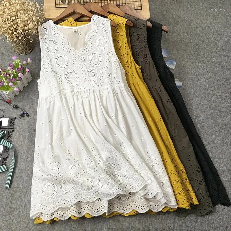 Vestidos casuais 2023 verão algodão a-line vestido mori menina solta renda oca out bordado literário v-pescoço sem mangas mulheres