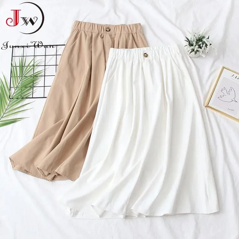 Sweaters Women Summer Cotton Skirts Solid Black White Casual Elastic Waist Elegant Office Aline Midi Skirts Korean Fashion Jupe Femme