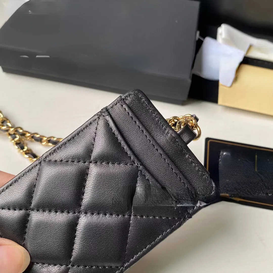 مصمم نساء حقيبة بطاقة Sheepeskin شنقا رقبة الأزياء سلسلة رقيقة الوثيقة حامل بطاقة العمل الماس