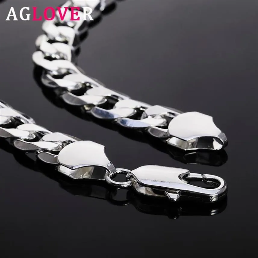 AGLOVER 925 chaîne cubaine en argent Sterling 12MM 18 20 22 24 26 28 30 pouces collier de chaîne latérale pour femme homme bijoux de mode Gift258e