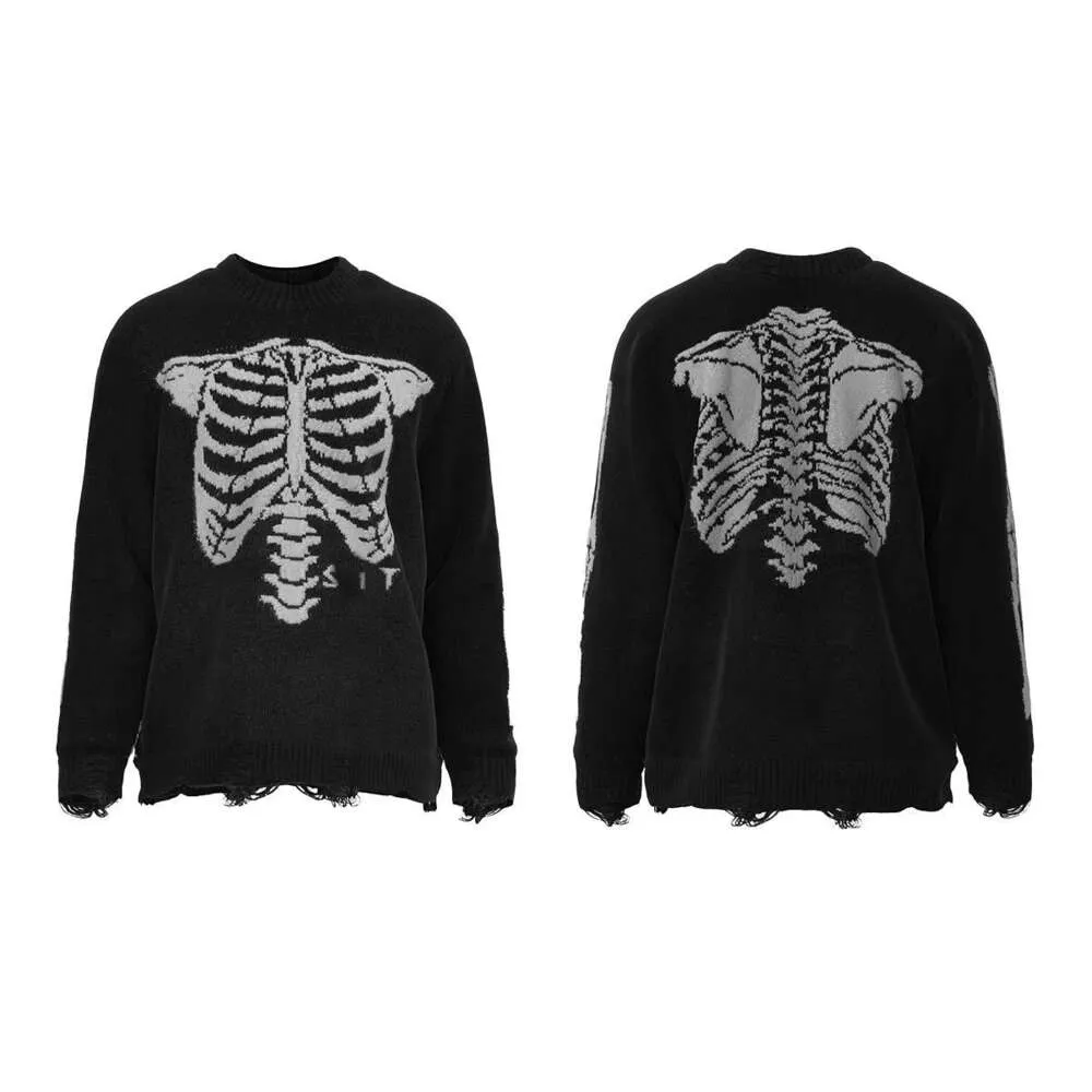 Fashion casual men's Michaels classic Michael Co Branded Skull Bone Skeleton Knit Damaged Loose Sweater Coat