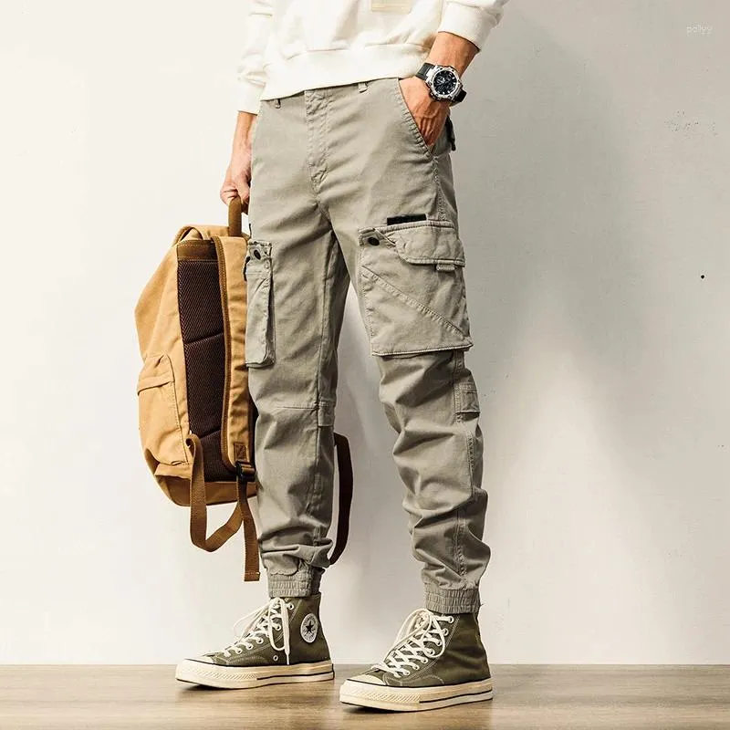 Men's Pants Retro Slim Jogger Cargo Clothes 3D Pockets Outdoor Hiking Camping Casual Wear Washed Trousers Twill Straight Fashion