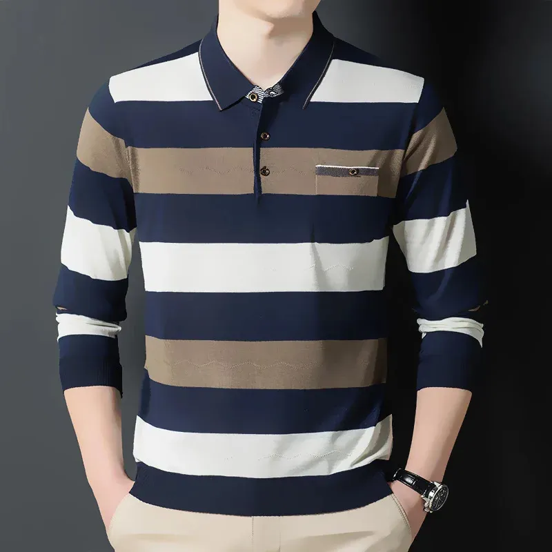 Autumn Winter Polo Men's Clothing Loose Striped Long Sleeve Tees Turndown Collar Shirt Business Casual Fashion Pockets Tops 231228