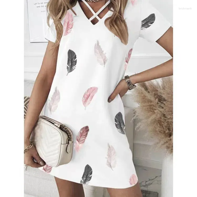 Casual Dresses Fashion Feather Print Short Sleeve Mini Dress Women 2024 Summer Loose White Home For Robe Femme