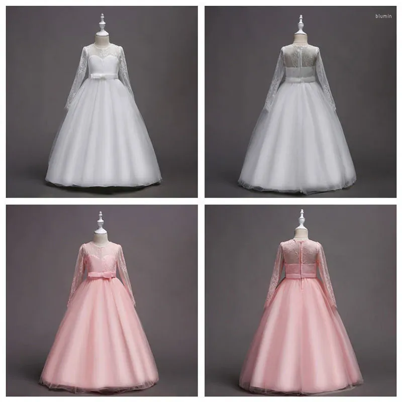 Flickaklänningar 4-14 år Elegant Princess Dress Girls Wedding Tulle spets Lång tonåring Tutu Pageant Party First Communion Formal Gown