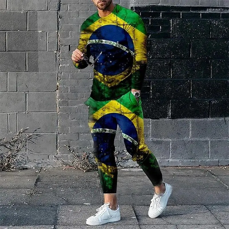 Trainingspakken voor heren 3D-geprinte set met lange mouwen Vlag van Brazilië/Frankrijk/Spanje Sportkleding Broeken 2-delige kleding