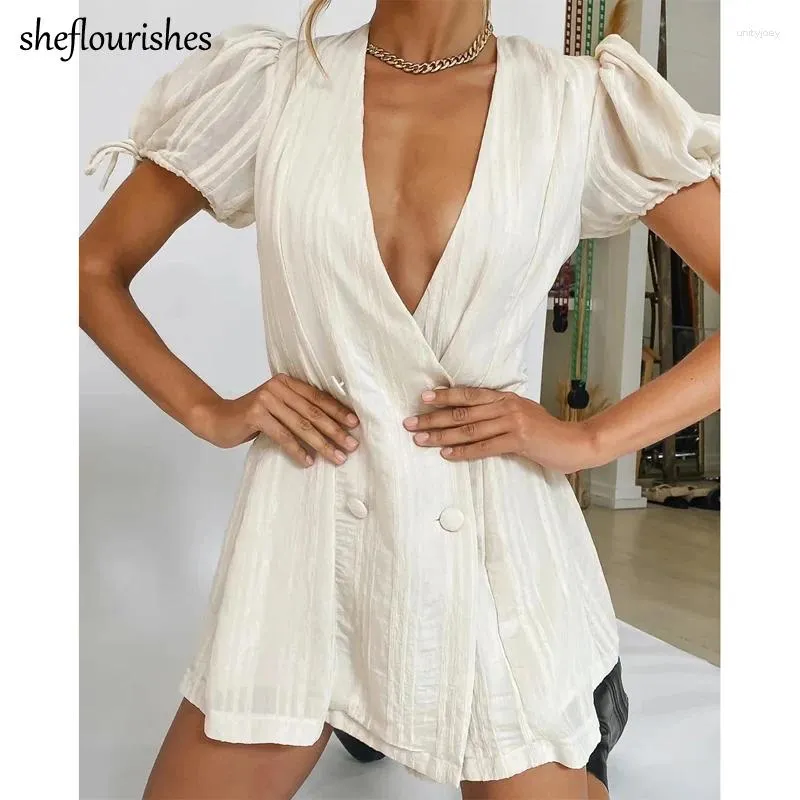 Party Dresses Elegant Dress Women Summer Mini Short Sleeve V Neck Sexy Double Breasted Beige Office Lady Vestidos