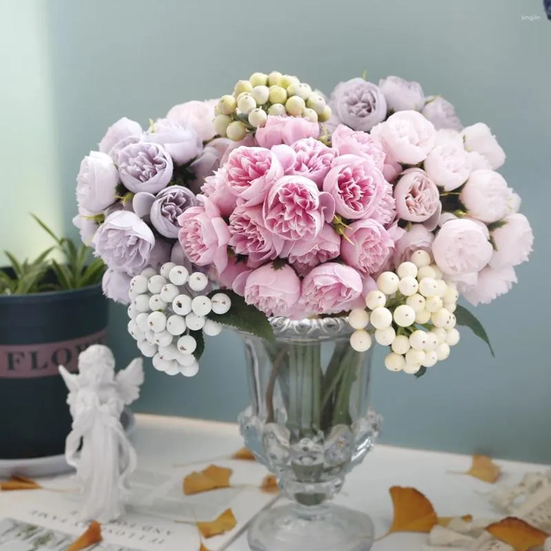 Flores decorativas 27 cabeça artificial rosa buquê branco rosa amarelo falso decoração de mesa para festa em casa decoração de casamento suprimentos