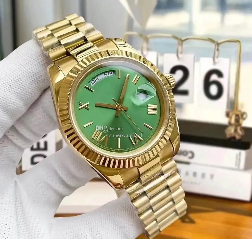 Mens Automatic Mechanical Watch Gold Stainless Steel Roman Numeral Dial Calendar Luxury Wristwatch