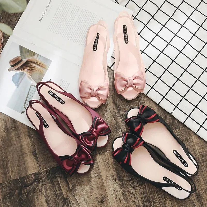 Sandaler Summer Candy Color Slingback Jelly Shoes Women Pvc Randig Bow-Tie Peep Toe Flat Mules 2023 Ladies Sandalias Sweet Trap