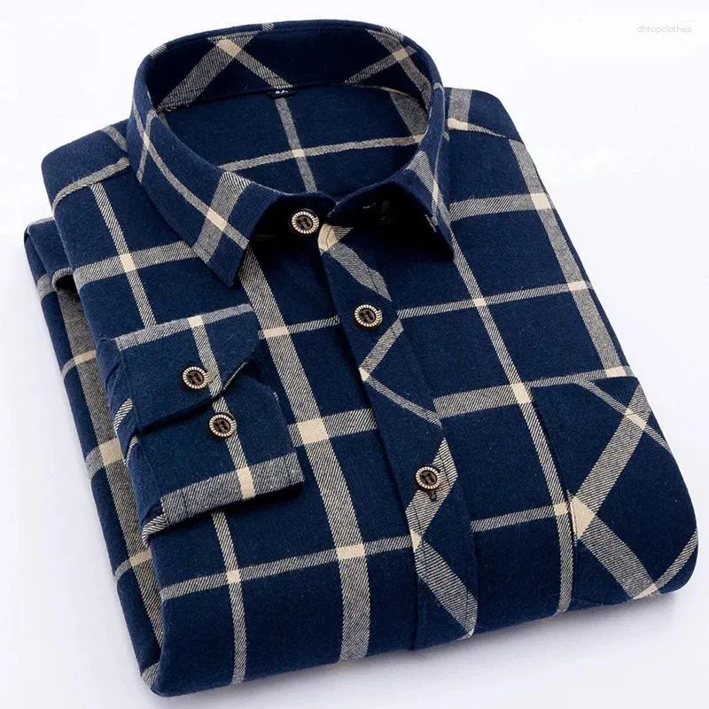 Camicie casual da uomo Camicia blu moda stile Inghilterra colletto alla coreana Polo T manica lunga scozzese