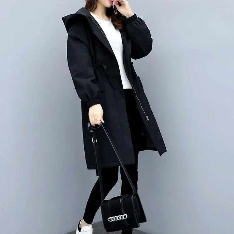 Women's Trench Coats Women Solid Velvet Thicken Windbreaker Autumn Winter Hooded Drawstring Pocket Zipper Long Outwear Elegant Lady Coat