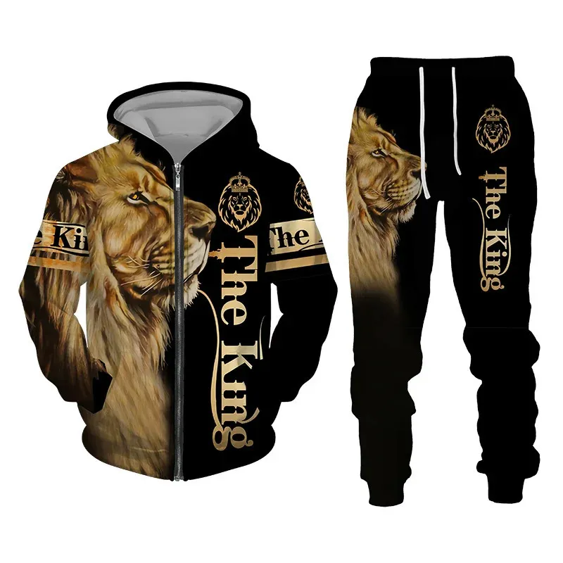 Autumn and Winter Men's Tracksuit 3d Lion Print dragkedja hoodies tröjor byxor sätter avslappnade herrkläder kvinnors träning 231228