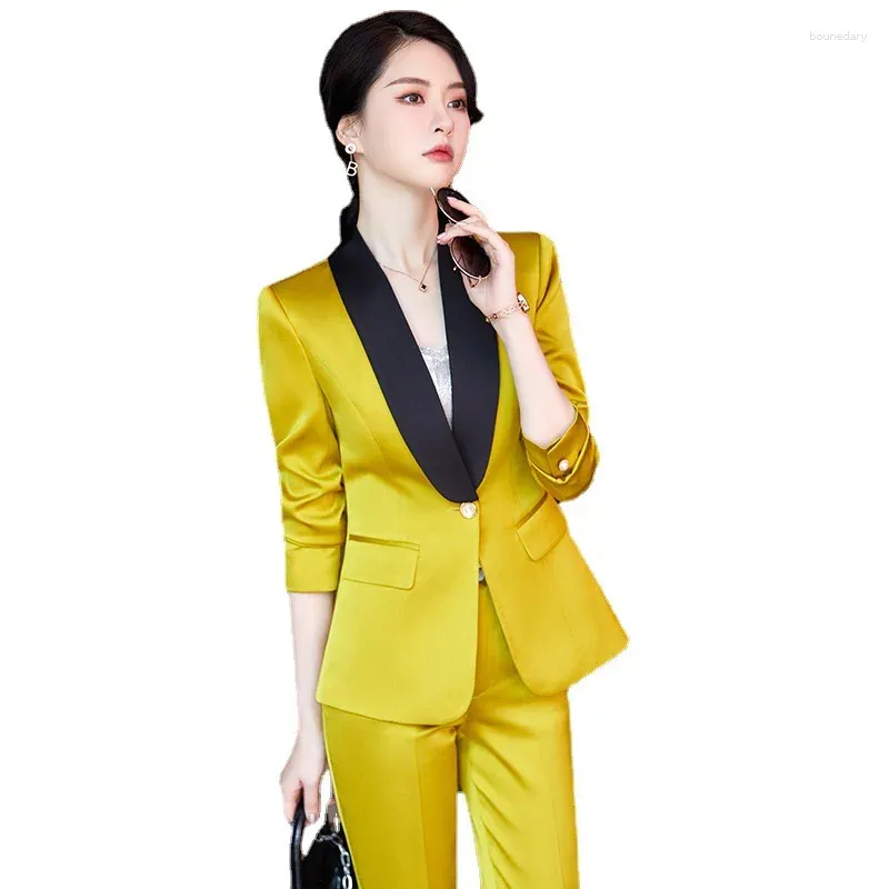 Kvinnors tvåstycksbyxor 2023 Women Office Satin Suit Two-Piece Pant Suits Elegant Blazer Female Set Casual Slim Jacket Work Clothes