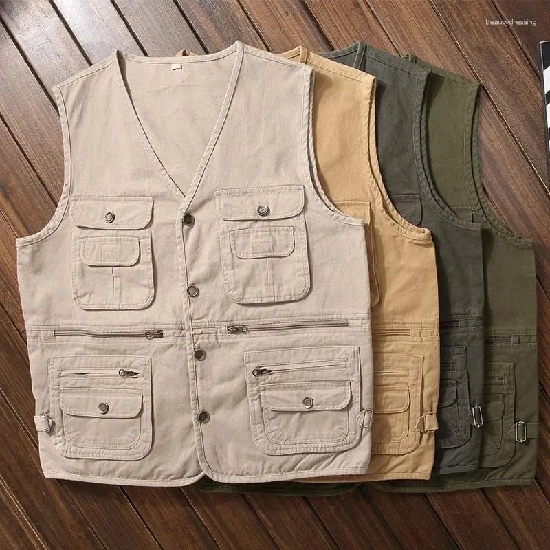 Men's Vests 2024 Men Cotton Cargo Vest Sleeveless Multi Pocket Cameraman Waistcoat Male Tactical Work Jackets Overcoats L-5XL