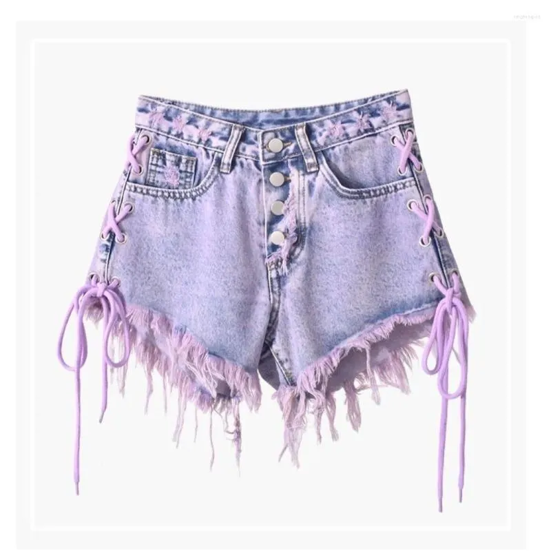 Frauen Shorts 2023 Sommer Lila Quaste Spitze Up Denim Hohe Taille Spicy Girl Dünne A-linie Breite Bein Hosen