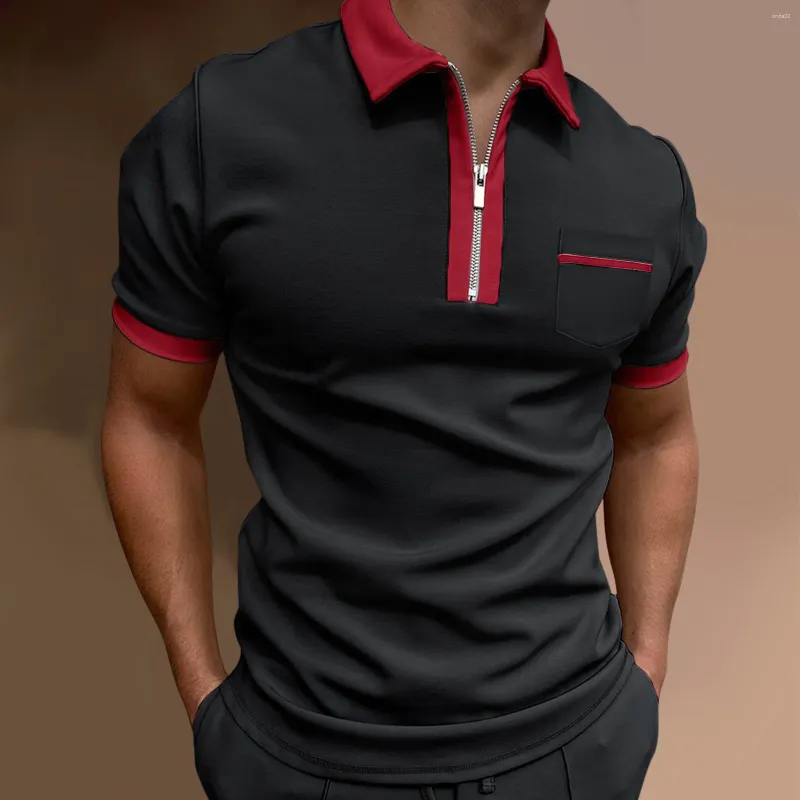 Men's Polos Summer Polo Shirts Casual Short Sleeve Pocket Shirt Turn-Down Collar Zipper