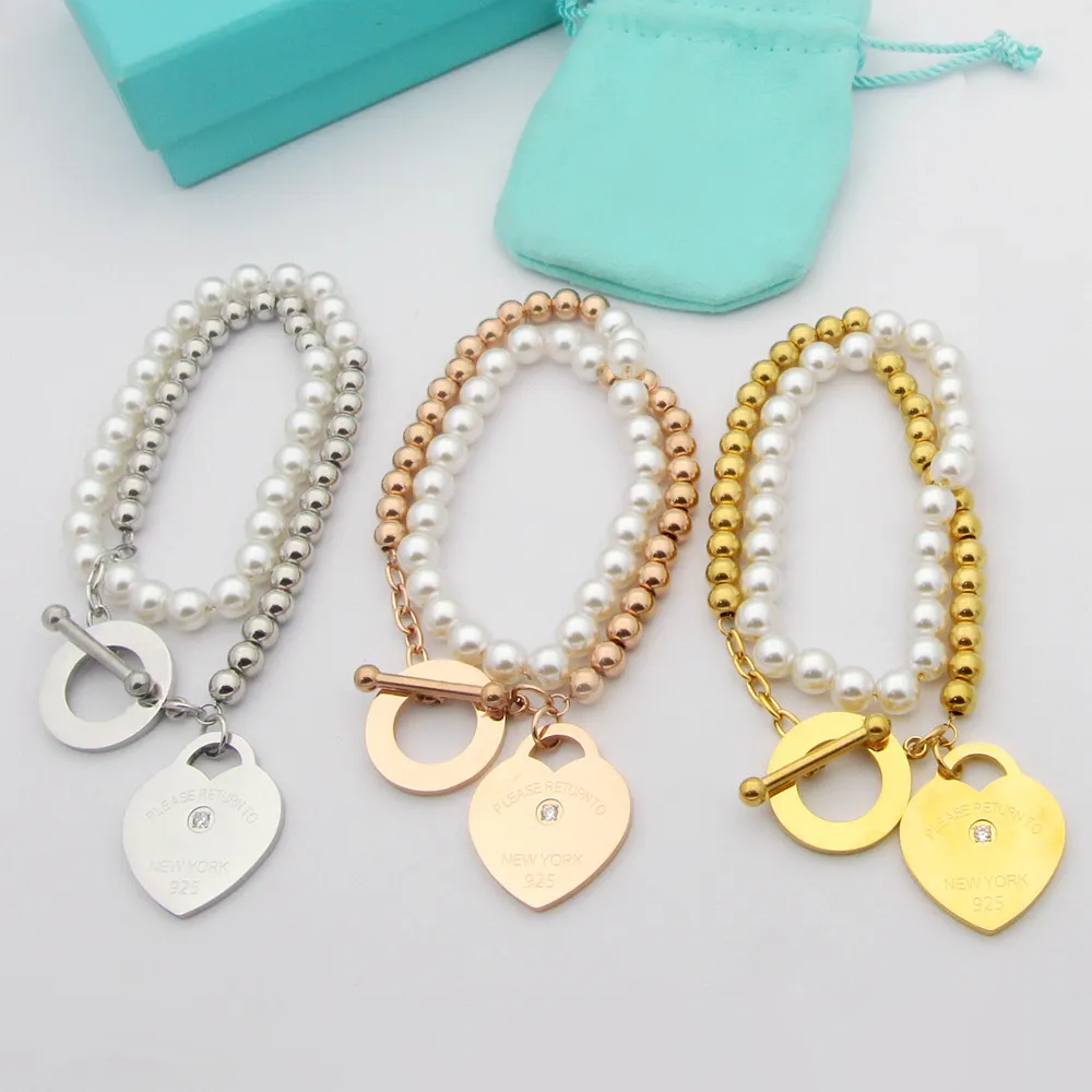 Mit Staubbeutel Herz Anhänger Titan Stahl Doppelschichtiges Armband Luxus Stil Original Kleine Perlenkugeln Armband Für Frauen Geschenke Großhandel