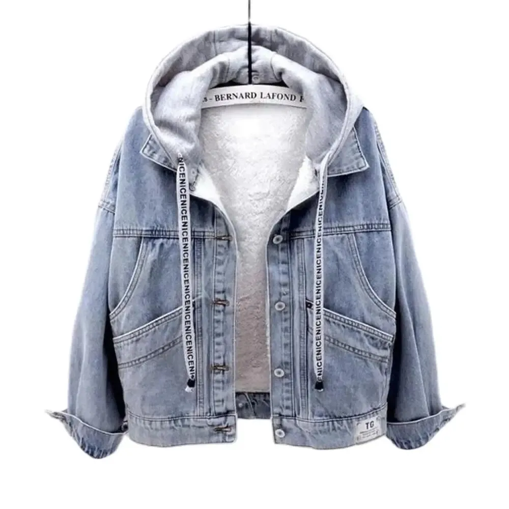 Chaqueta de mezclilla con capucha ajustable azul para mujer Botón suelto Patchwork Outwear Jean Coat Mujer más abrigo de terciopelo tops cálidos espesar 231229