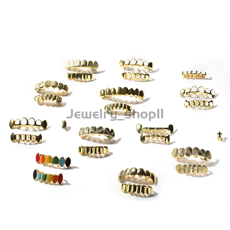 bretelle lucide elettroplaccate in oro genuino accessori hip-hop Set di denti da uomo in oro Grillz Moda gioielli hip-hop di alta qualità Otto 8 Denti superiori Sei 6 Griglie inferiori