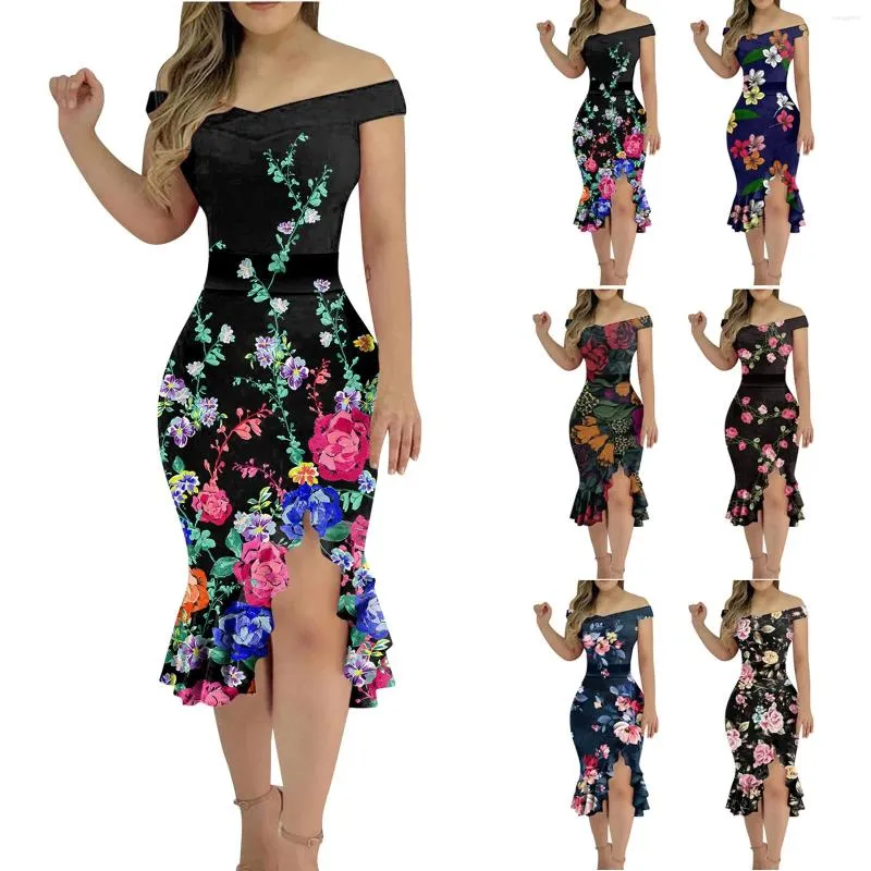 Robes décontractées Fête des femmes Robe d'impression de fleurs Femmes Été Ourlet irrégulier Une épaule Robe d'été Sexy Dos nu Sirène