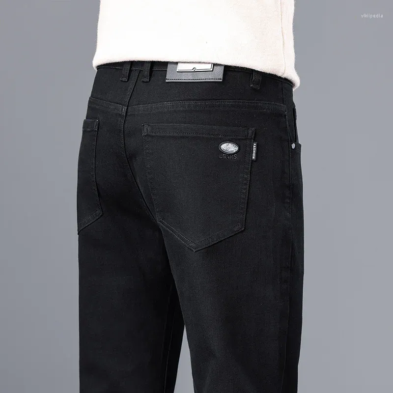 Calças de brim masculinas primavera outono em linha reta clássico negócios casual fumaça cinza algodão calças confortáveis simples calças jeans