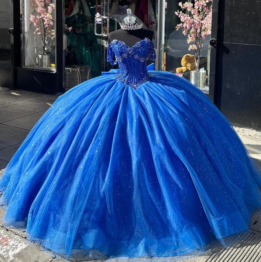 Robes de Quinceanera scintillantes bleu roi, avec grand nœud Charro Queen, épaules dénudées, Corset de bal, 15 ans, doux 16, à lacets