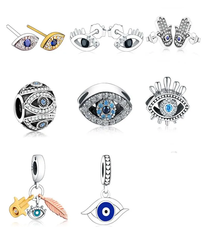 925 Silber Fit P Charm 925 Armband Armband Halskette 925 Sterling Silber Stamm Türkei Blue Evil Eye Zirkonia Bead Charms Set Anhänger DIY Feine Perlen Schmuck6377556