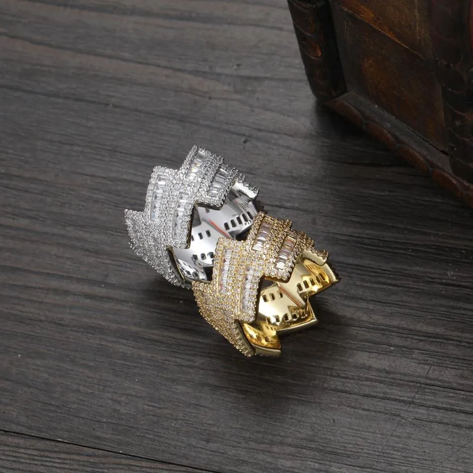 Baguette zębata kubańska pierścień w żółtym złoto lodowany z cyrkonu męski pierścionek hip hop biżuterii Prezent244U