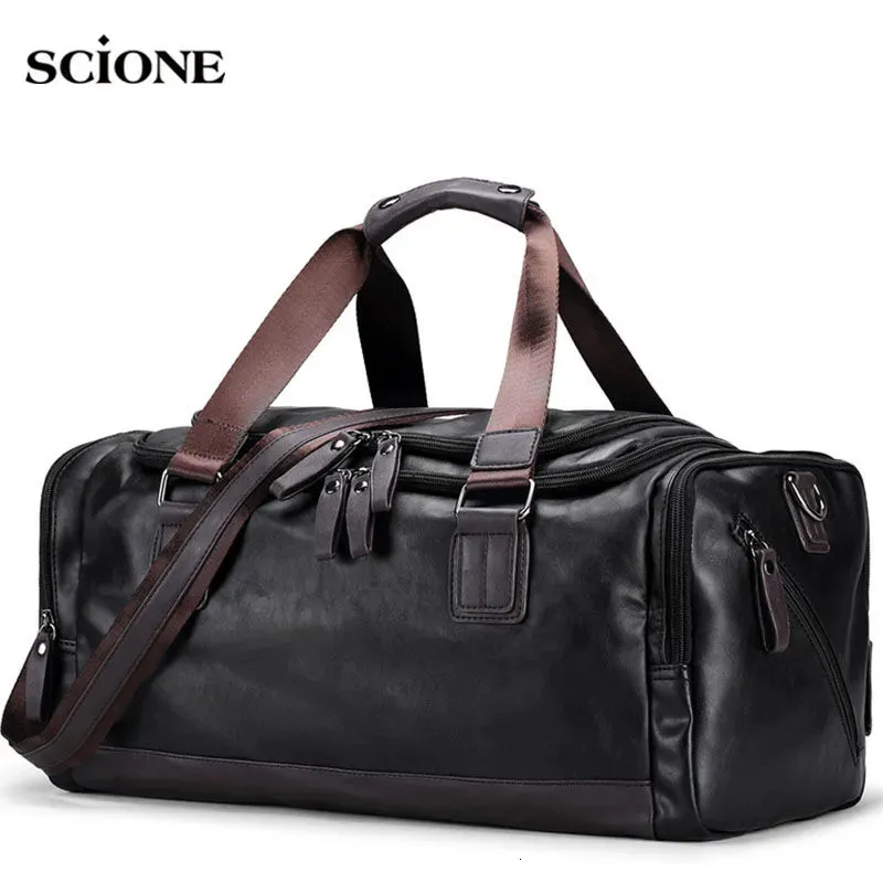 Mens Pu Leather Gym Bag Sports Bags Duffel Travel Bagage Tote Handväska för Male Fitness Men Trip Carry On Shoulder XA109WA 231228