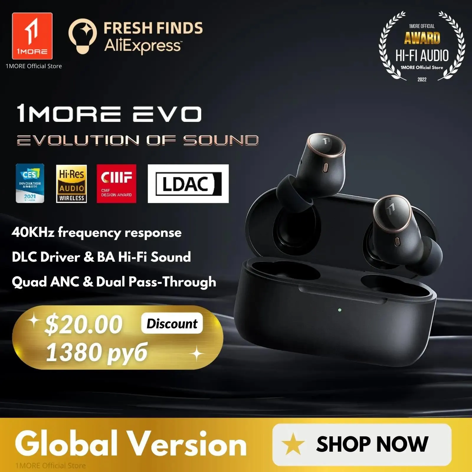 Ohrhörer World Premiere 1more Evo stellt drahtlose Ohrhörer Audiophile LDAC Bluetooth 5.2 Kopfhörer 42 dB ANC TWS Connect 2 Geräte -Kopfhörer