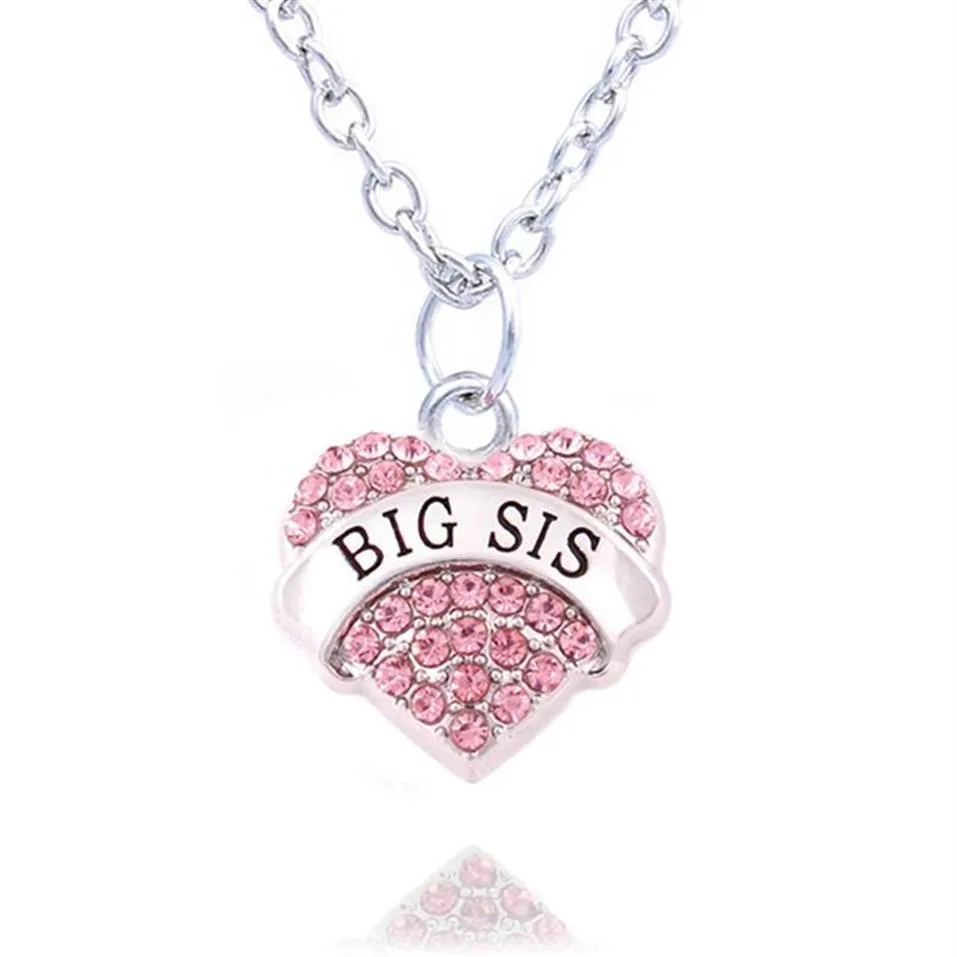 Charm Pink Crystal Heart Necklace 'Big Sis Middle Sis Little Sis Baby Sis' Sister Födelsedagspresent Women Girl Jewelry10PCS2351