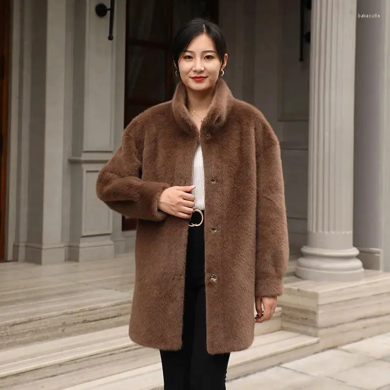 Veste en fourrure de vison Milan pour femme, manteau Long au dessus du genou, col montant, vêtements de luxe, vêtements d'extérieur pour la neige, automne et hiver