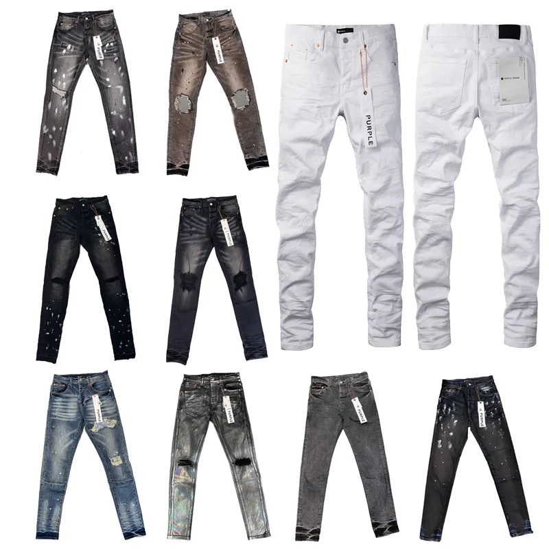 Designer de moda de rua roxo homens preto estiramento elástico magro rasgado jeans botões voar hip hop marca calças jeans para mulheres branco preto pan