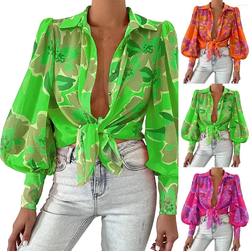 Women's Blouses Beach Style Long Puff Sleeve Shirt Turn Down Collar Button Loose Blouse Women Floral Printed Shrug Casual Tops Female Ropa