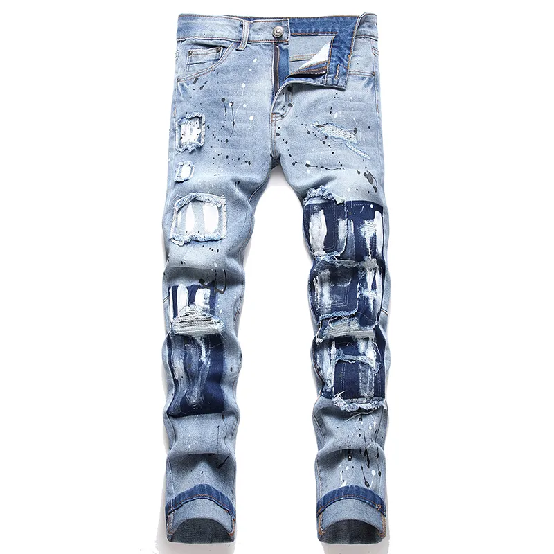 Pintura slim-fit jeans masculino emendado azul rasgado pequeno reto calças jeans buracos packwork meados de cintura streetwear